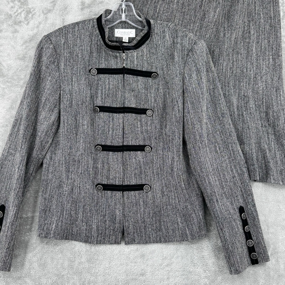 Conrad C Skirt Suit Women Size 10 Military Blazer Office Velvet Trim Career Grey